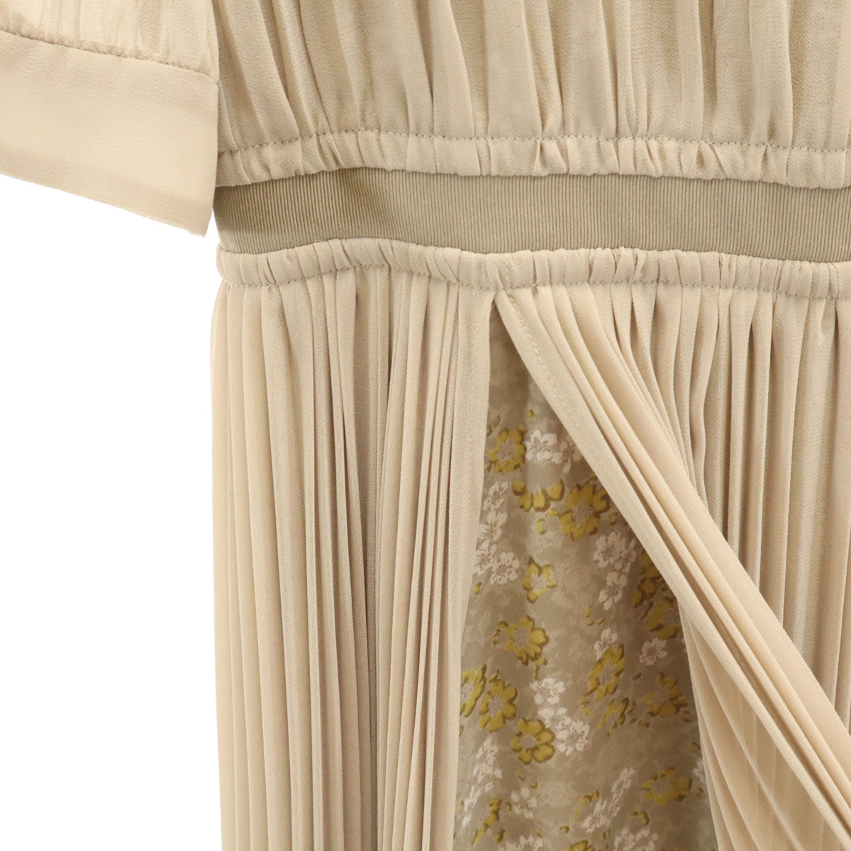 CLANE クラネ 花柄切替 半袖 プリーツ ロングワンピース 1 ベージュ レディース