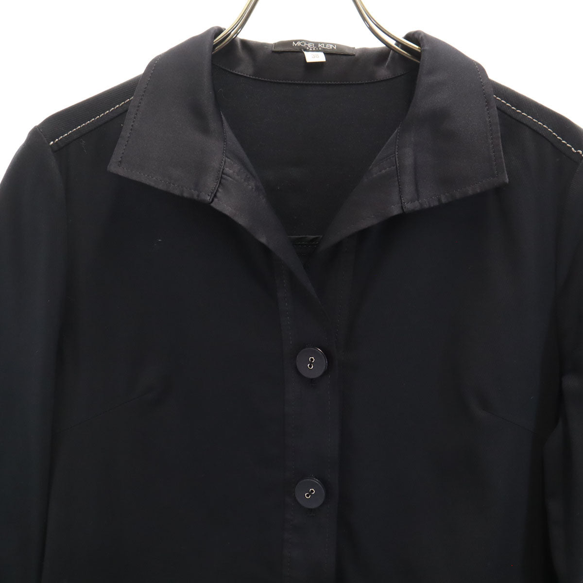 MICHEL KLEIN ミッシェルクラン リネンブレンド 5分袖 シャツワンピース 38 ブラック プルオーバー レディース