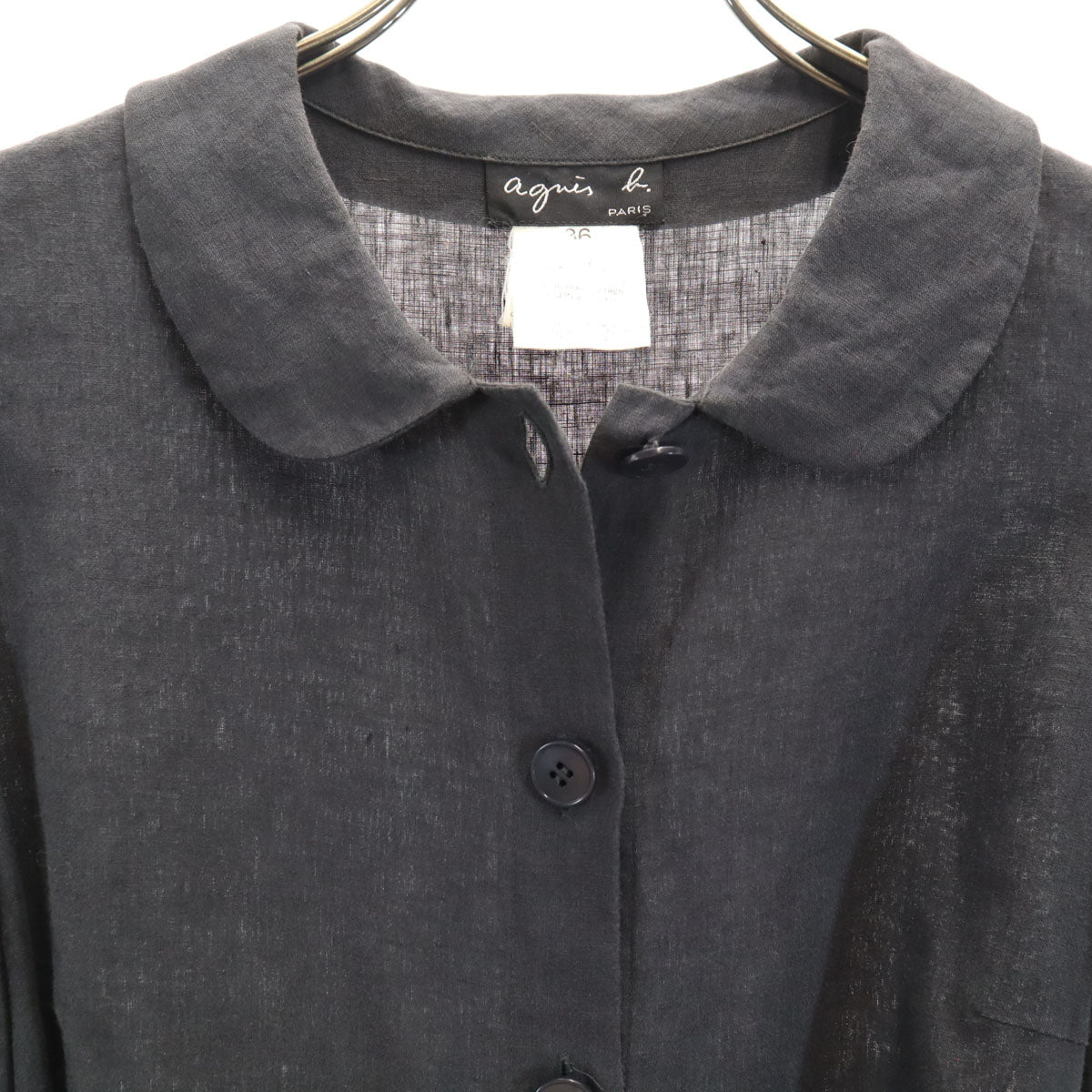 agnes b. アニエスベー フランス製 リネン 半袖 シャツワンピース 36 チャコール レディース