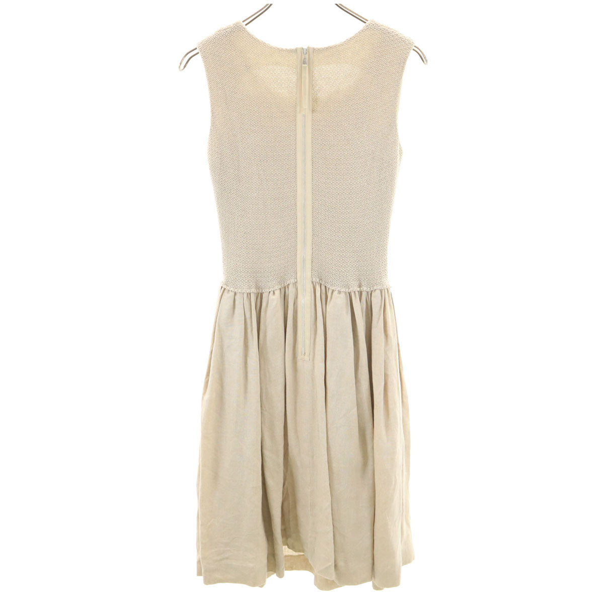 FOXEY フォクシー 日本製 リネンブレンド ノースリーブ ニット切替 ギャザー ワンピース 40 グレージュ レディース