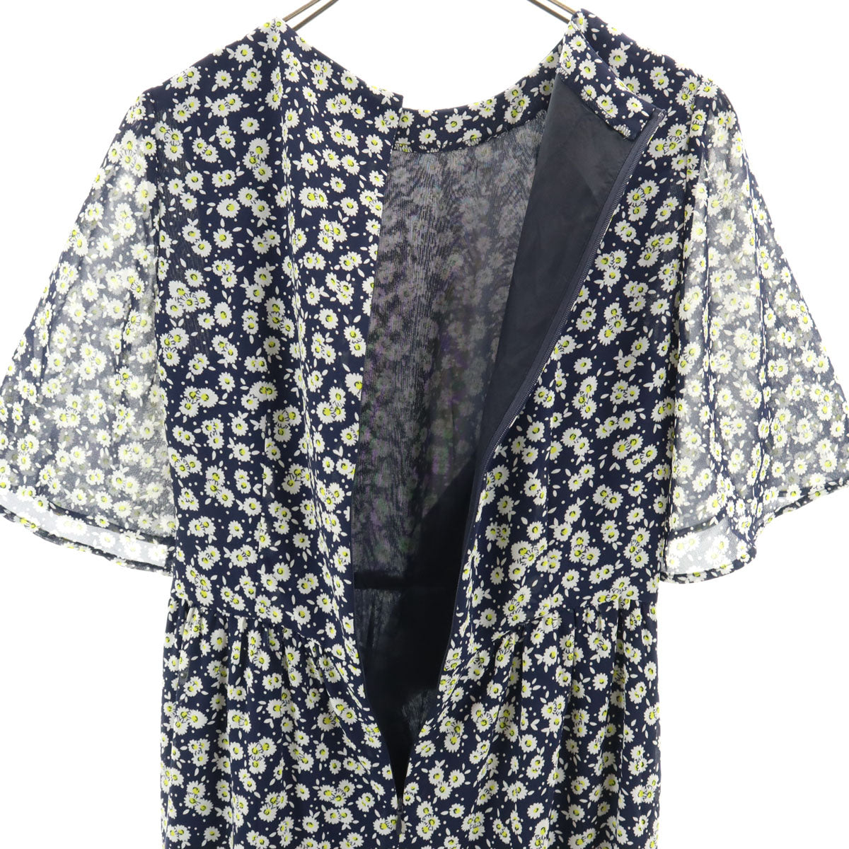 HANAE MORI 森英恵 ハナエモリ 日本製 花柄 半袖 ロングワンピース 38 ネイビー系 バックファスナー レディース