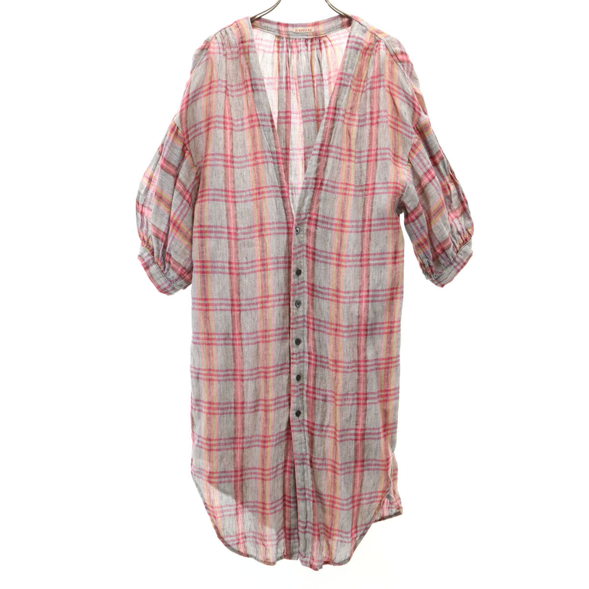 KAPITAL キャピタル 日本製 リネン チェック柄 半袖 ロングシャツ 1 グレー系 レディース