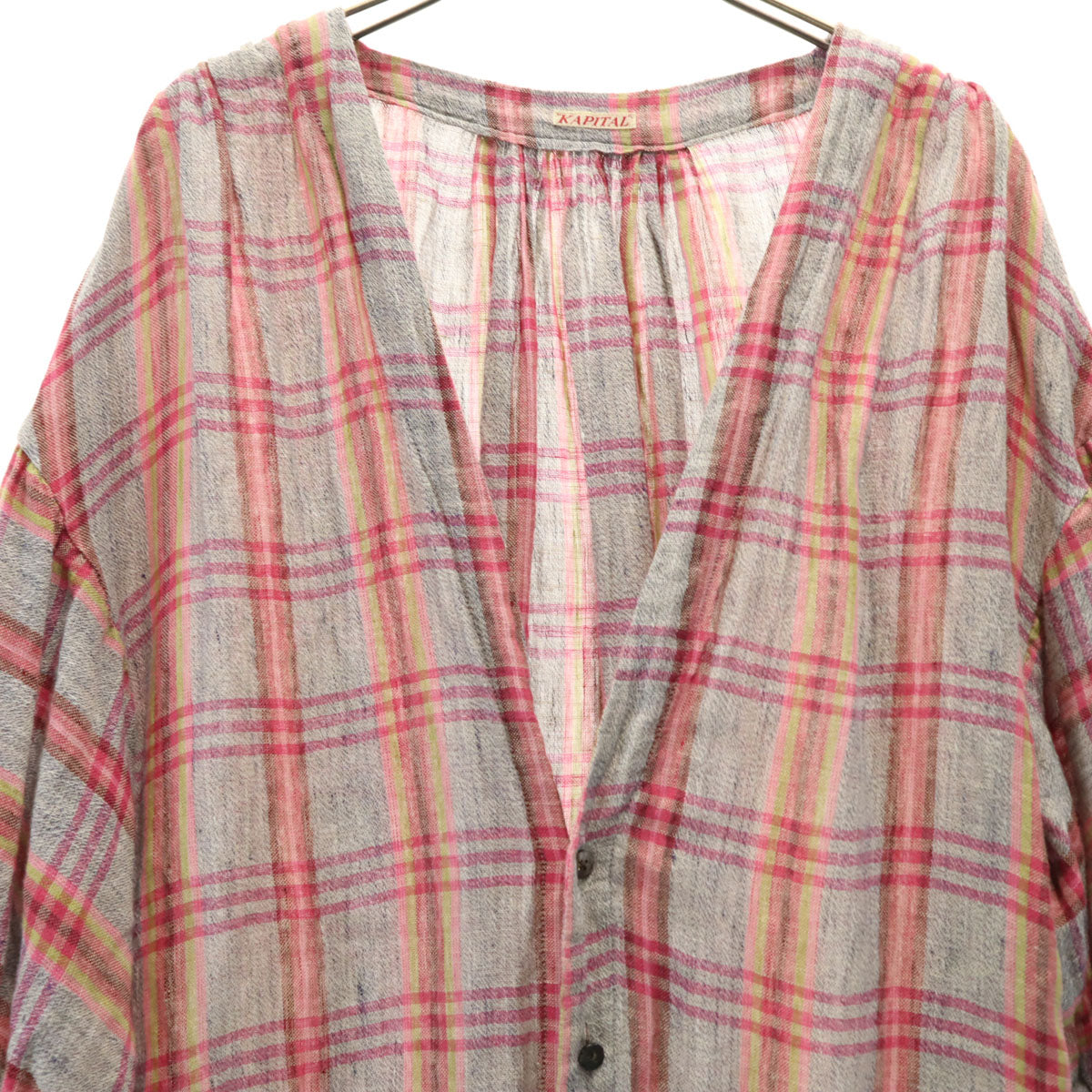 KAPITAL キャピタル 日本製 リネン チェック柄 半袖 ロングシャツ 1 グレー系 レディース