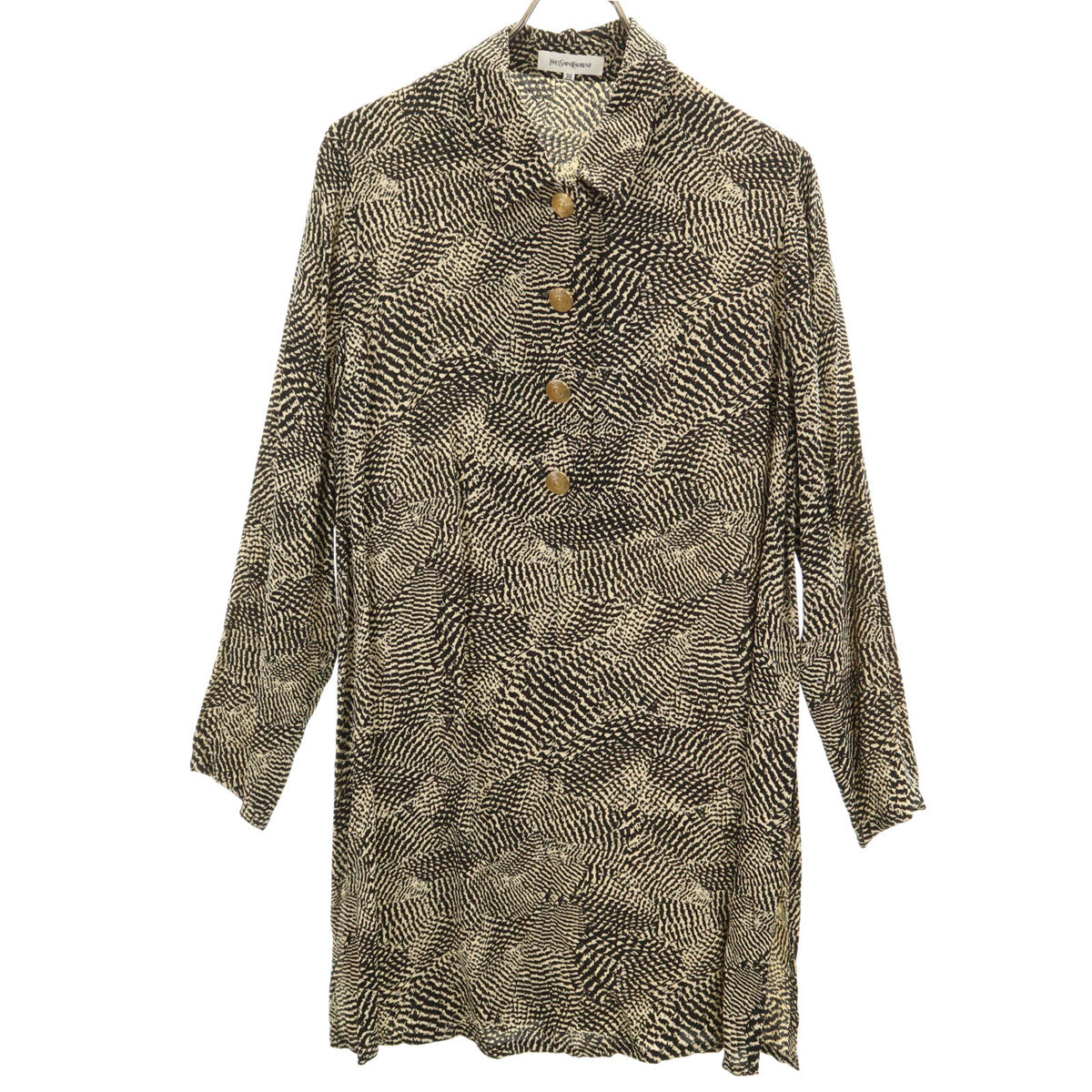 YVES SAINT LAURENT イヴサンローラン 90s オールド 総柄 長袖 ハーフボタン 膝丈ワンピース 36 ブラック系 レディース