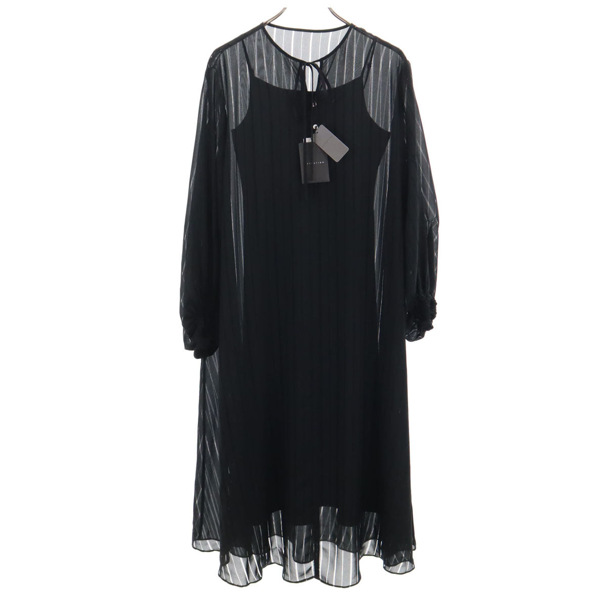 未使用 ESTNATION エストネーション 日本製 ストライプ柄 長袖 ロングワンピース 38 ブラック インナーキャミソール付き レディース