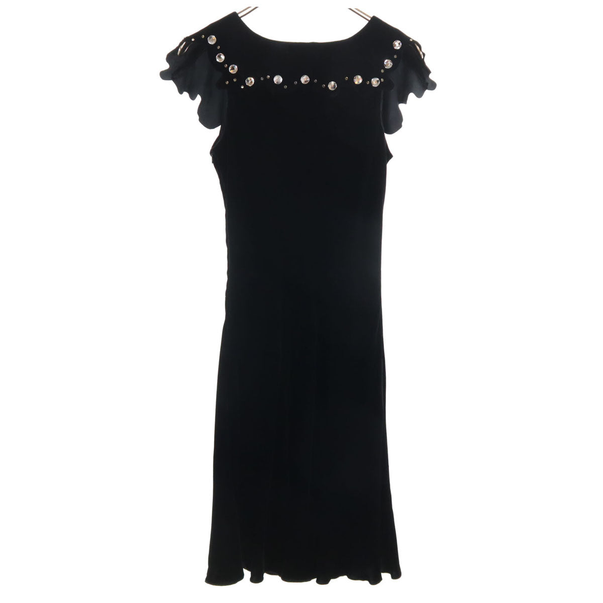 Emporio Armani エンポリオアルマーニ イタリア製 フレンチスリーブ ベロア ビジュー付 膝丈ワンピース 38 黒 レディース