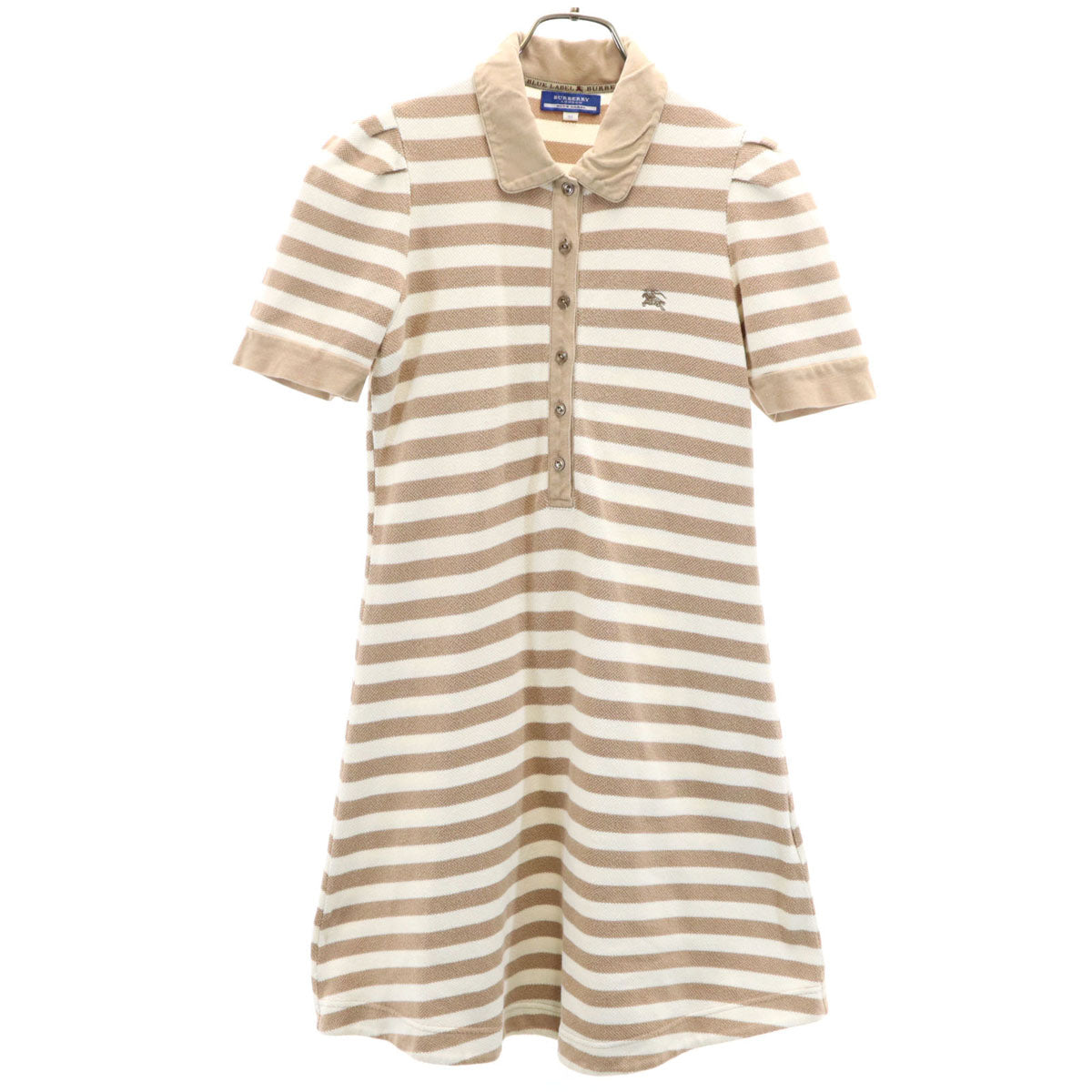 BURBERRY BLUE LABEL バーバリーブルーレーベル 日本製 ボーダー柄 半袖 ポロ ワンピース 38 ベージュ 三陽商会 レディース