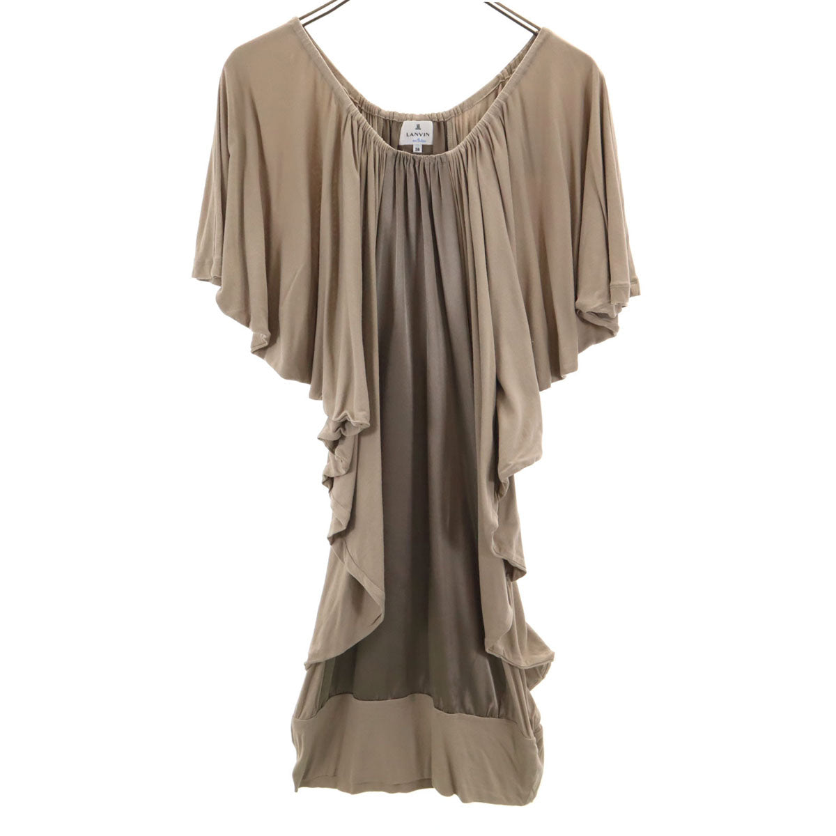 LANVIN en Bleu ランバンオンブルー 日本製 半袖 ドレープ ミニワンピース 38 グレージュ レディース