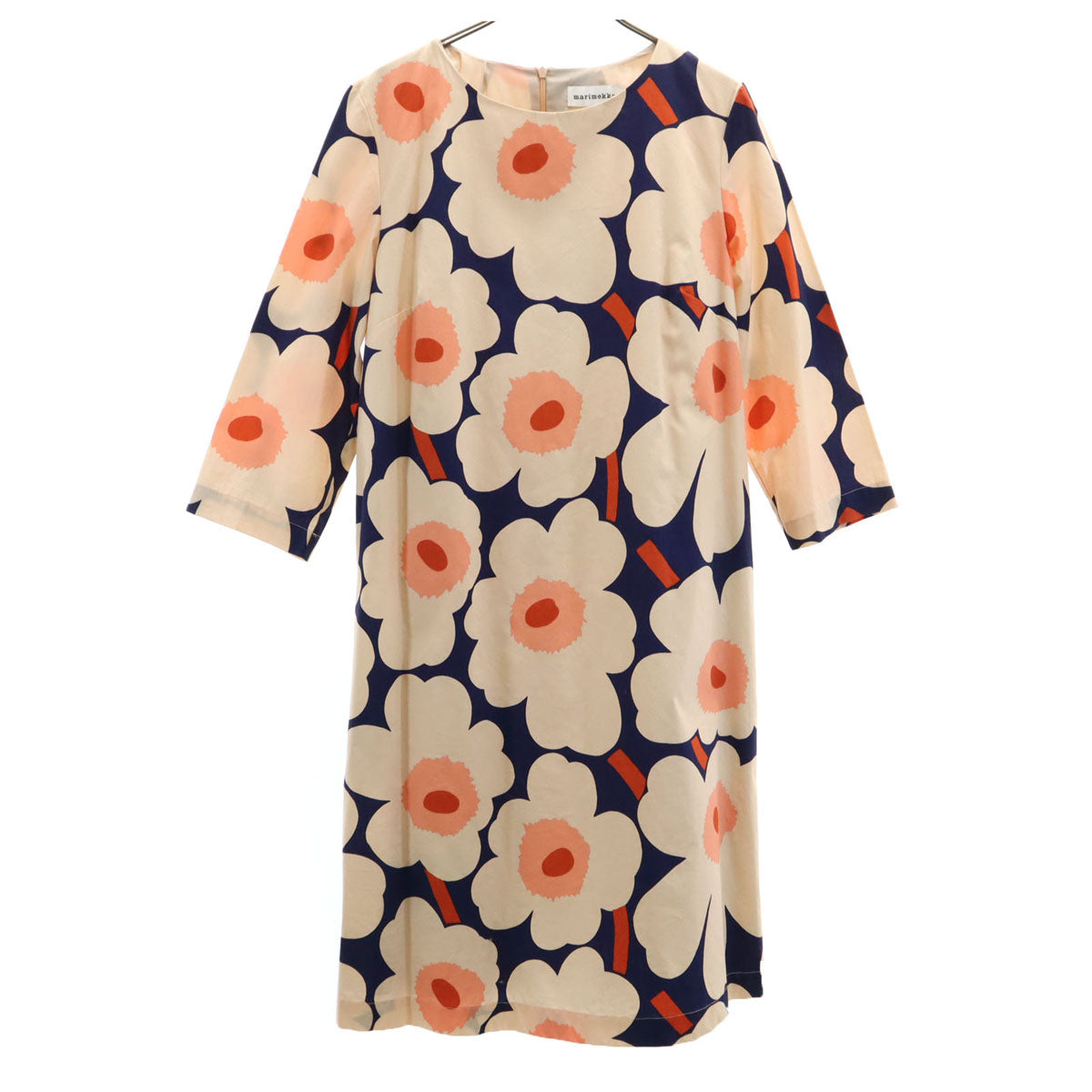 marimekko マリメッコ 花柄 7分袖 ワンピース 38 ネイビー系 レディース