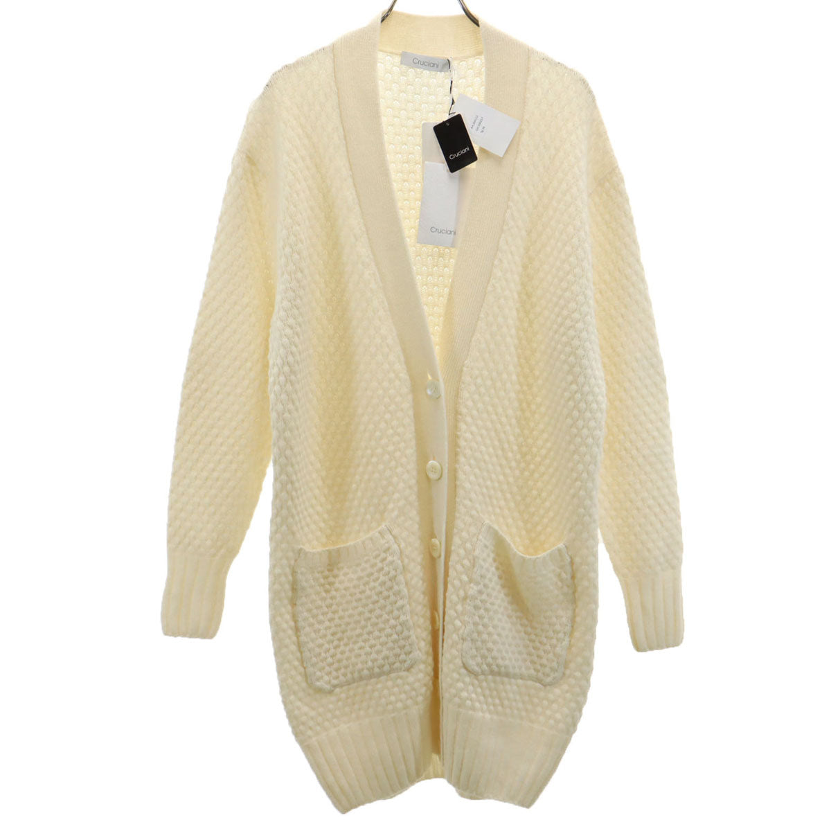 未使用 CRUCIANI クルチアーニ イタリア製 カシミヤブレンド 長袖 Vネック ニットカーディガン 38 ホワイト ロング丈 レディース