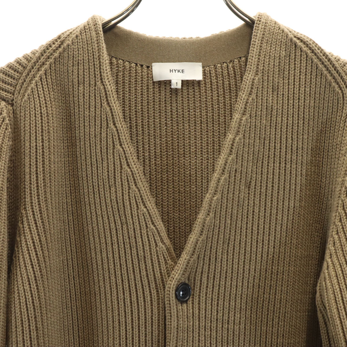 HYKE ハイク 長袖 Vネック リブ ニットカーディガン 1 ベージュブラウン ロング丈 レディース