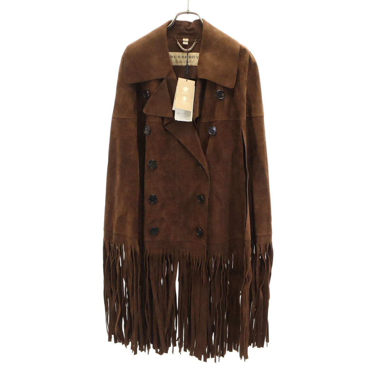 未使用 BURBERRY LONDON ENGLAND バーバリーロンドンイングランド イタリア製 フリンジ スエード コート S ブラウン 収納カバー付き レディース