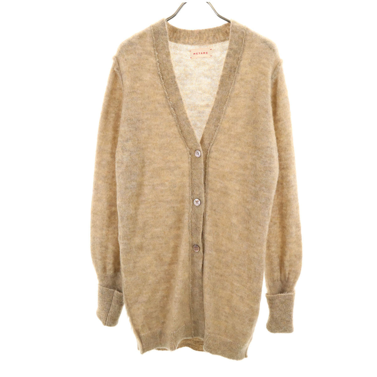 美品 MEYAME メヤメ 日本製 長袖 ロング Vネック ニットカーディガン FREE ベージュ レディース