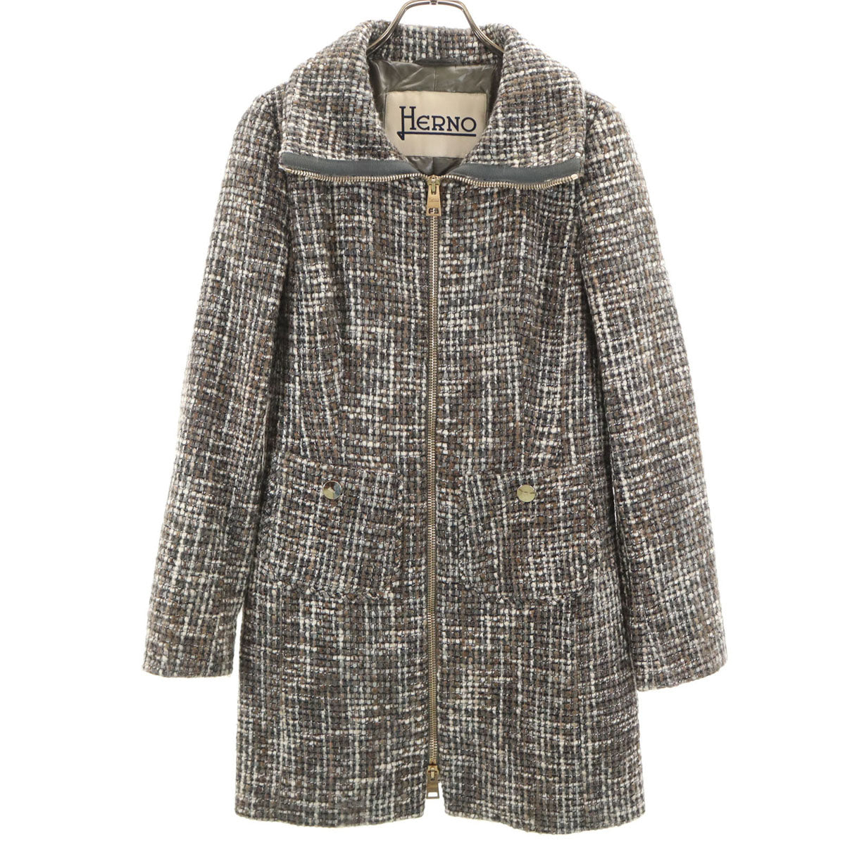Herno ヘルノ イタリア製 ツイード コート 40 グレー系 薄中綿入り レディース