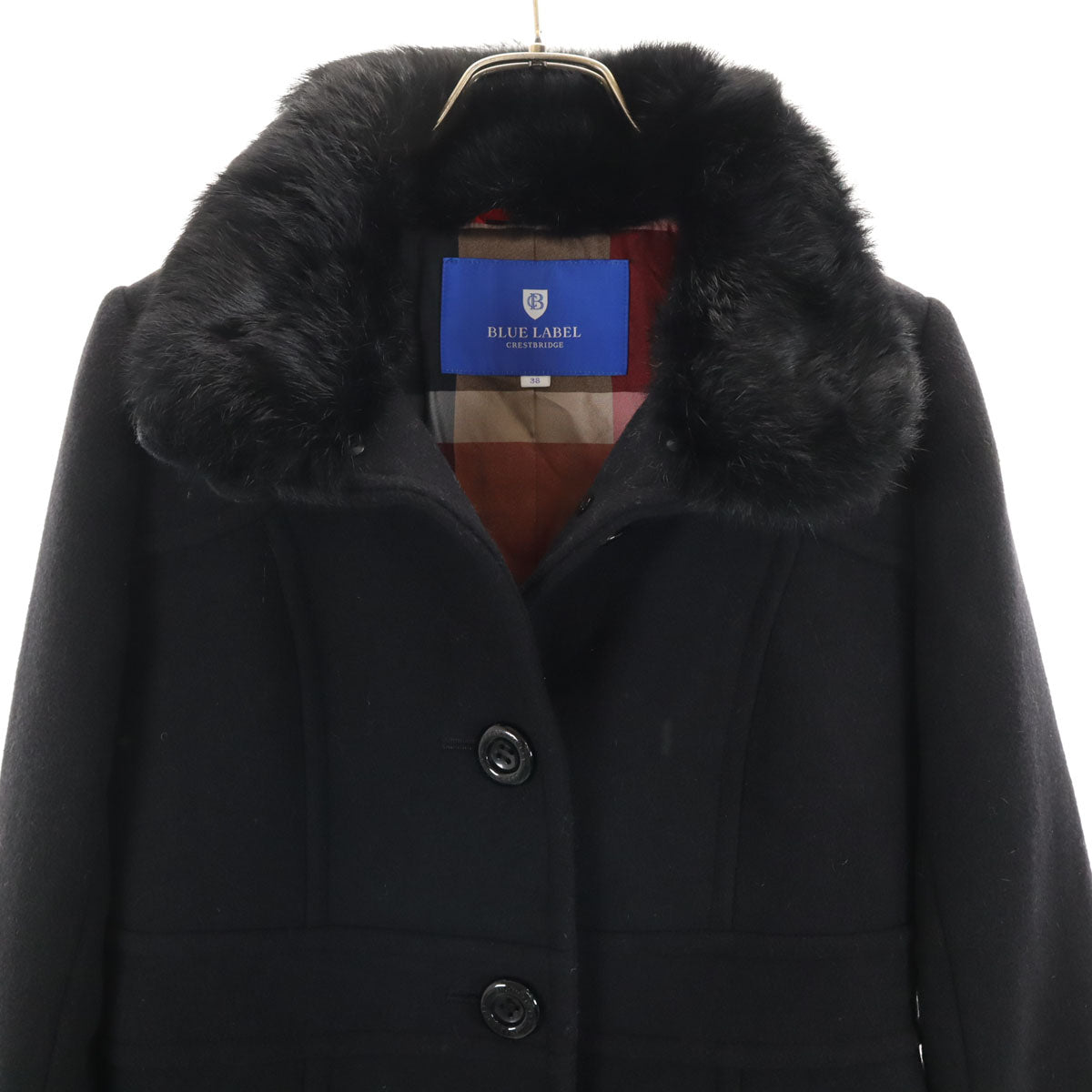 BLUE LABEL CRESTBRIDGE ブルーレーベルクレストブリッジ ウールコート 38 ブラック ラビットファー付き レディース
