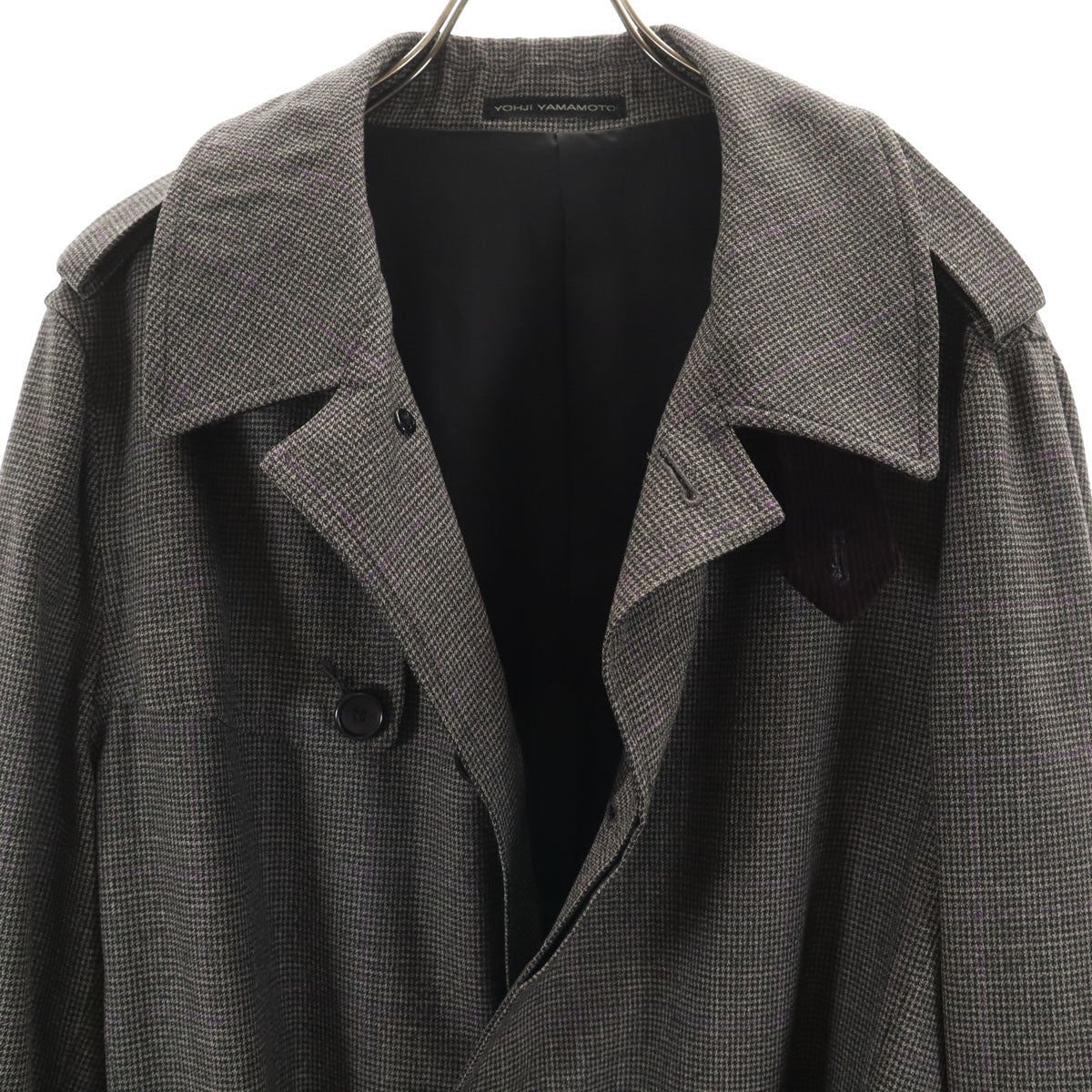 Y’s for men ワイズフォーメン 日本製 ウール ハウンドトゥース柄 ステンカラーコート 4 グレー ヨウジヤマモト メンズ