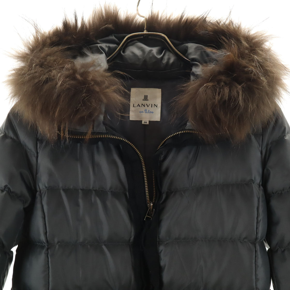 LANVIN en Bleu ランバンオンブルー ダウンコート 36 チャコールグレー ラクーンファー付き レディース