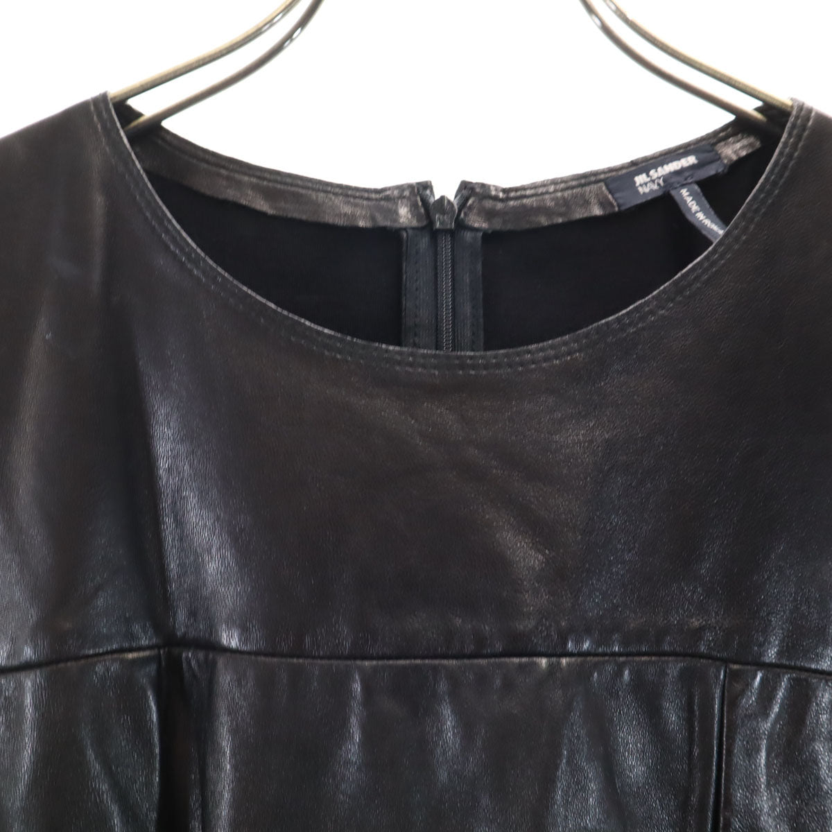 JIL SANDER NAVY ジルサンダーネイビー ノースリーブ 羊革レザー ワンピース 34 ブラック レディース