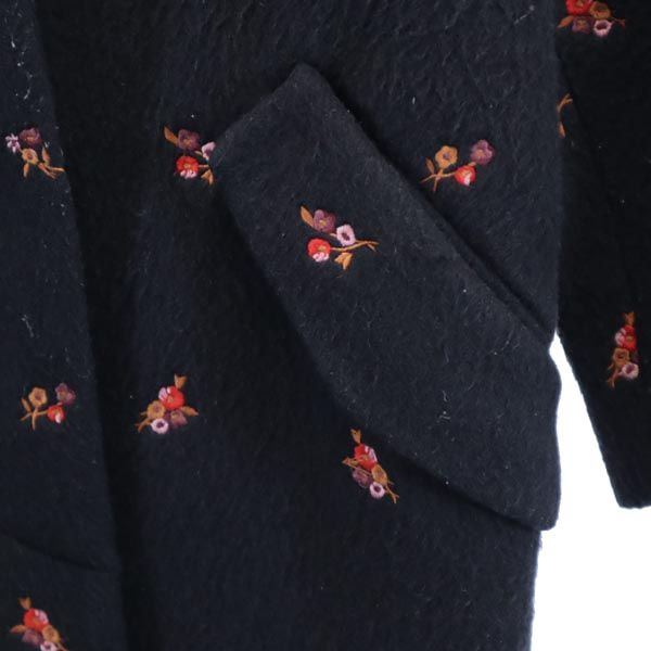 コーチ モヘヤブレンド 花柄 刺繍 チェスターコート S 黒 COACH レディース