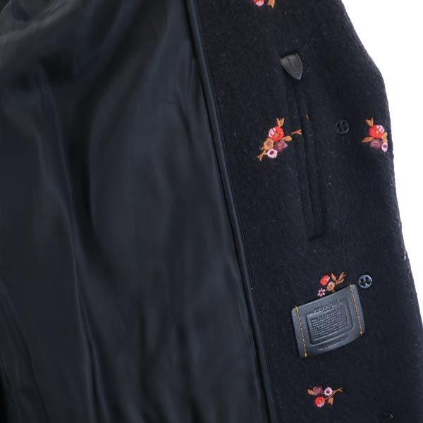 コーチ モヘヤブレンド 花柄 刺繍 チェスターコート S 黒 COACH レディース