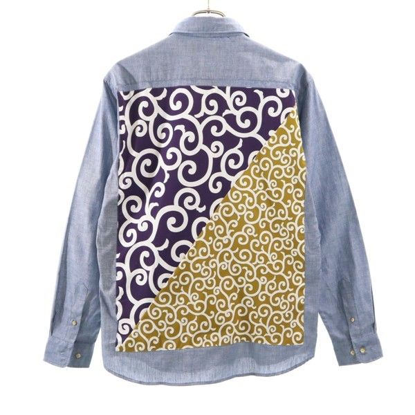 新品 dorobou nikki 泥棒日記 風呂敷柄 唐草模様 絣 長袖 バック 切替 シャツ 大 ネイビー メンズ