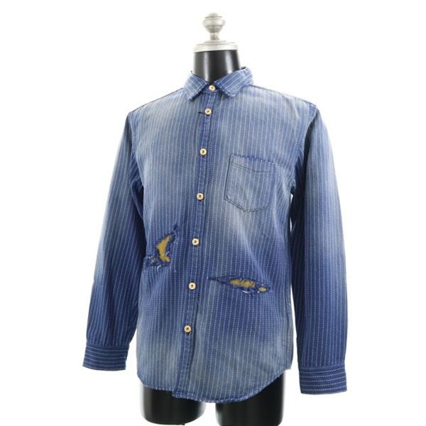 新品 Kula BY ETERNAL 備中倉敷工房 倉 長袖 クラッシュ リメイク加工 シャツ L ダークインディゴ エターナル 刺子織柄 ストライプ メンズ