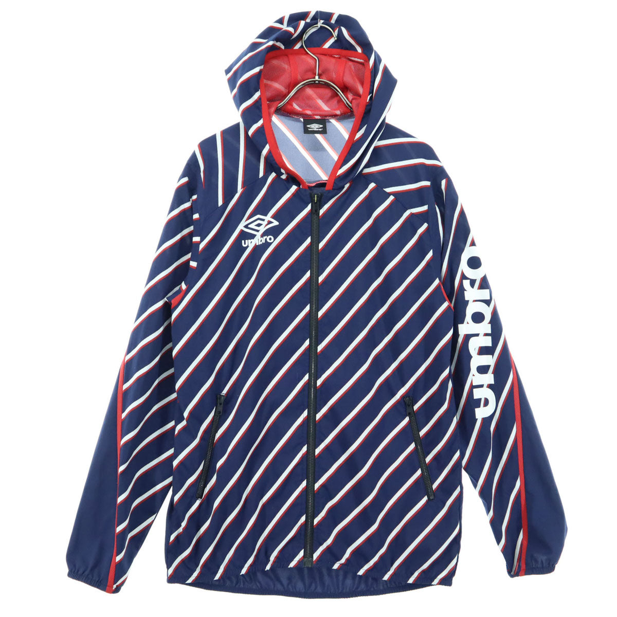 美品 umbro アンブロ UCS4441L ボーダー 長袖 フード付き ウインドブレーカー M ネイビー×レッド×ホワイト レディース