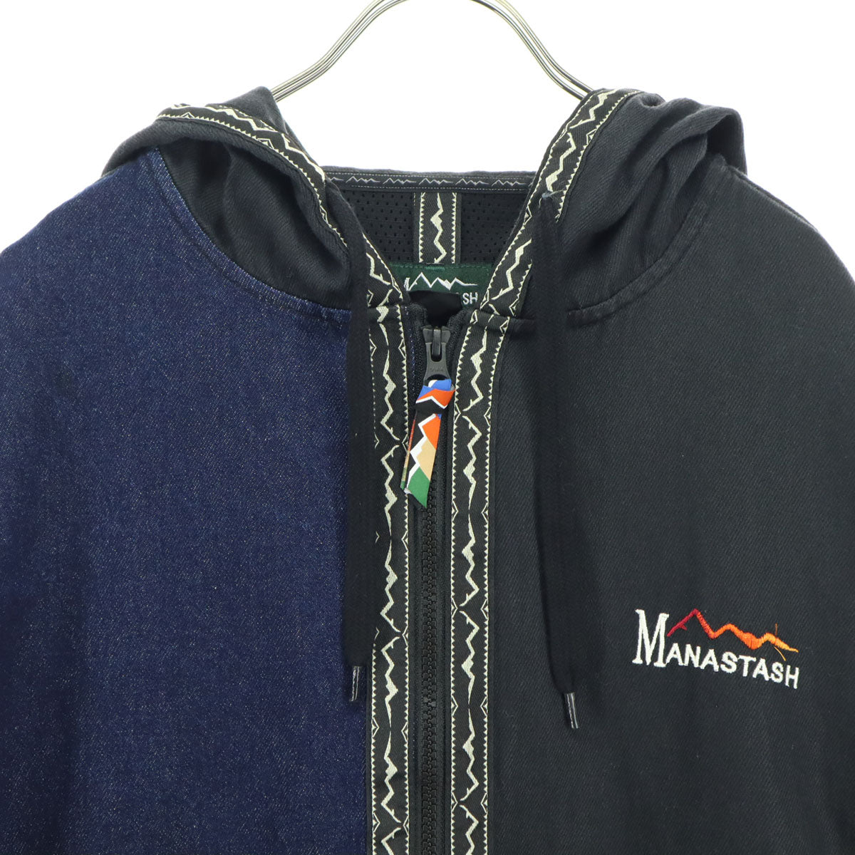 美品 MANASTASH マナスタッシュ ロゴ刺繍 長袖 バイカラー ジャケット M ブラック フーディー メンズ