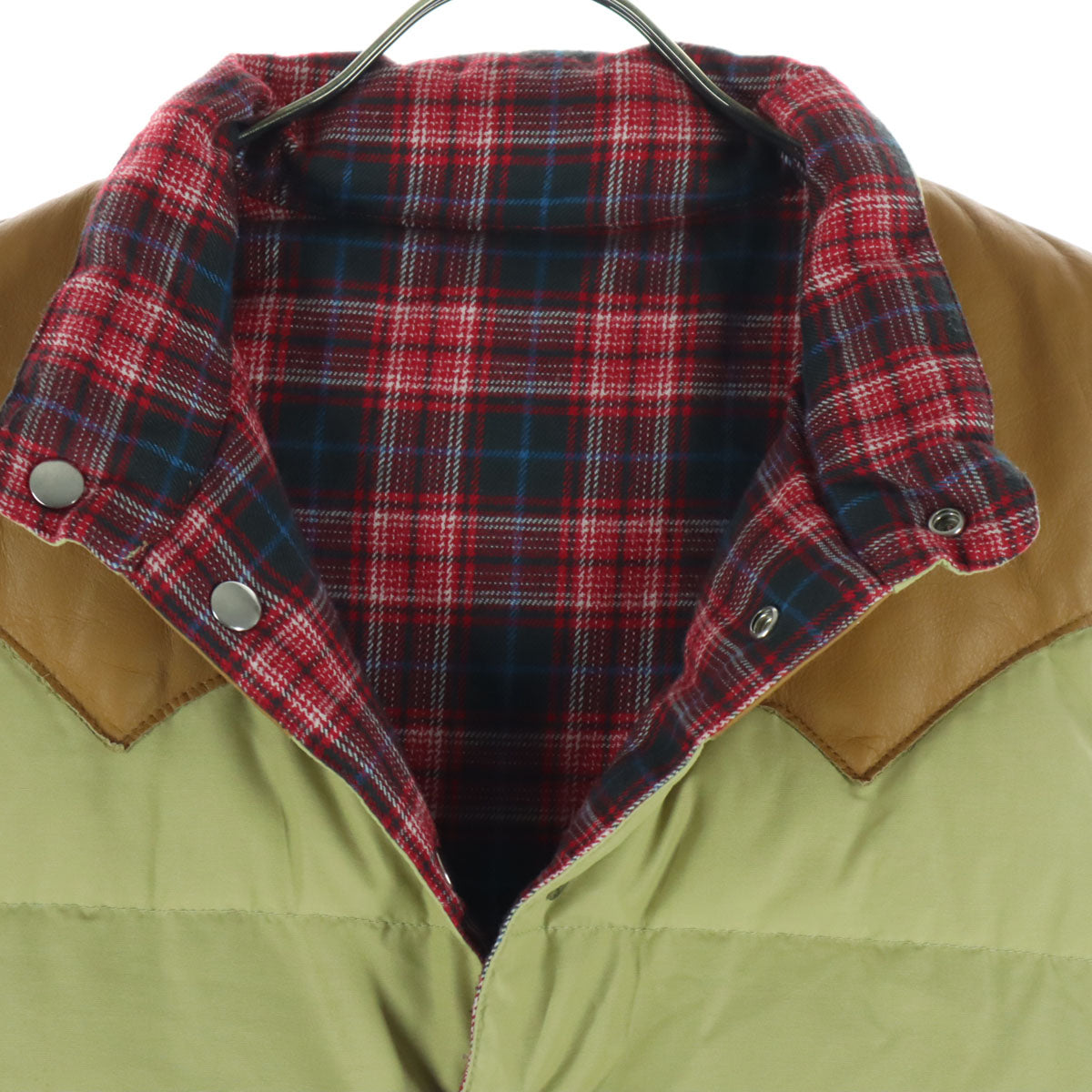 BEAMS ビームス リバーシブル チェック柄 ノースリーブ レザーヨーク ダウンベスト S ブラウン系 メンズ