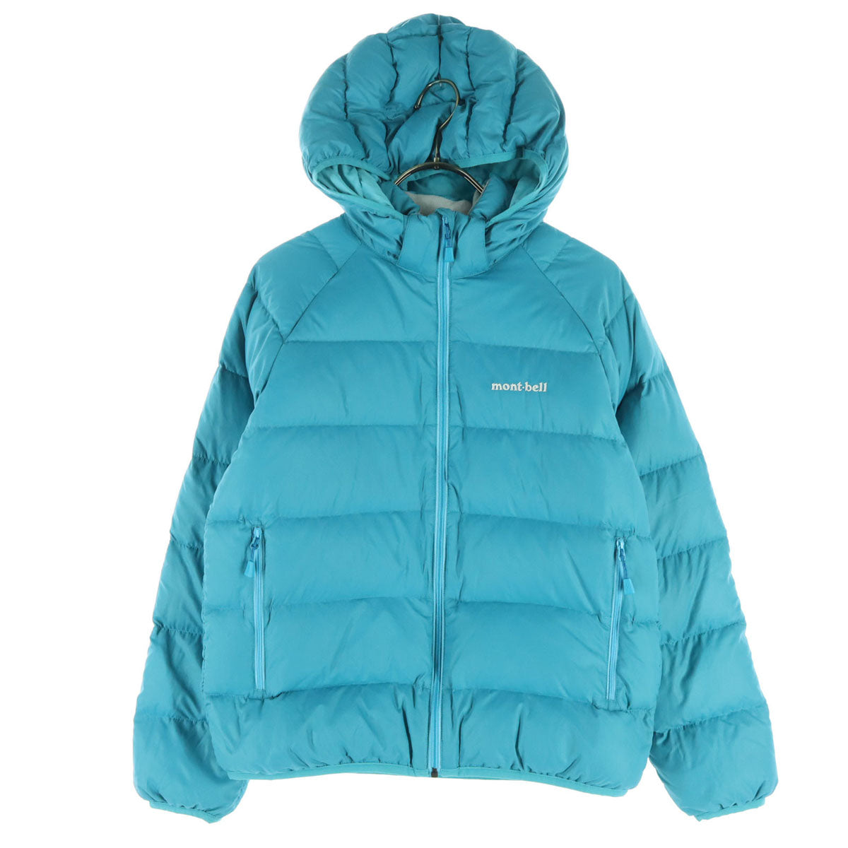 美品 mont-bell モンベル 英字 長袖 ダウンジャケット 150 ライトブルー フード取り外し可 収納袋付属 キッズ