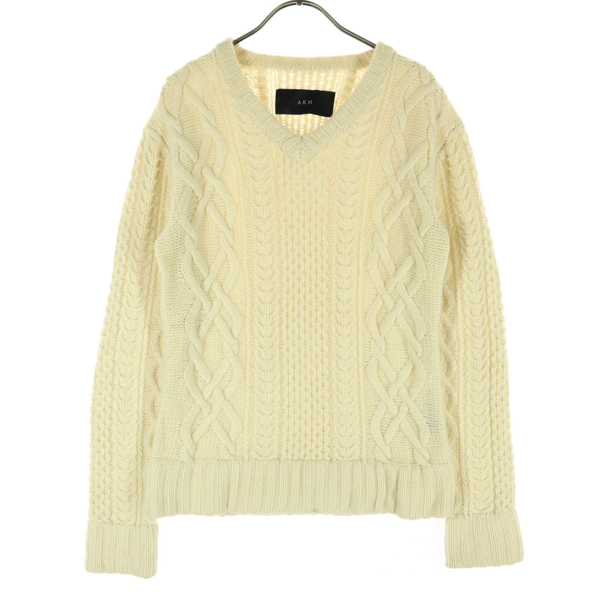 AKM エイケイエム カシミヤ フィッシャーマン 長袖 Vネック ニット M アイボリー メンズ