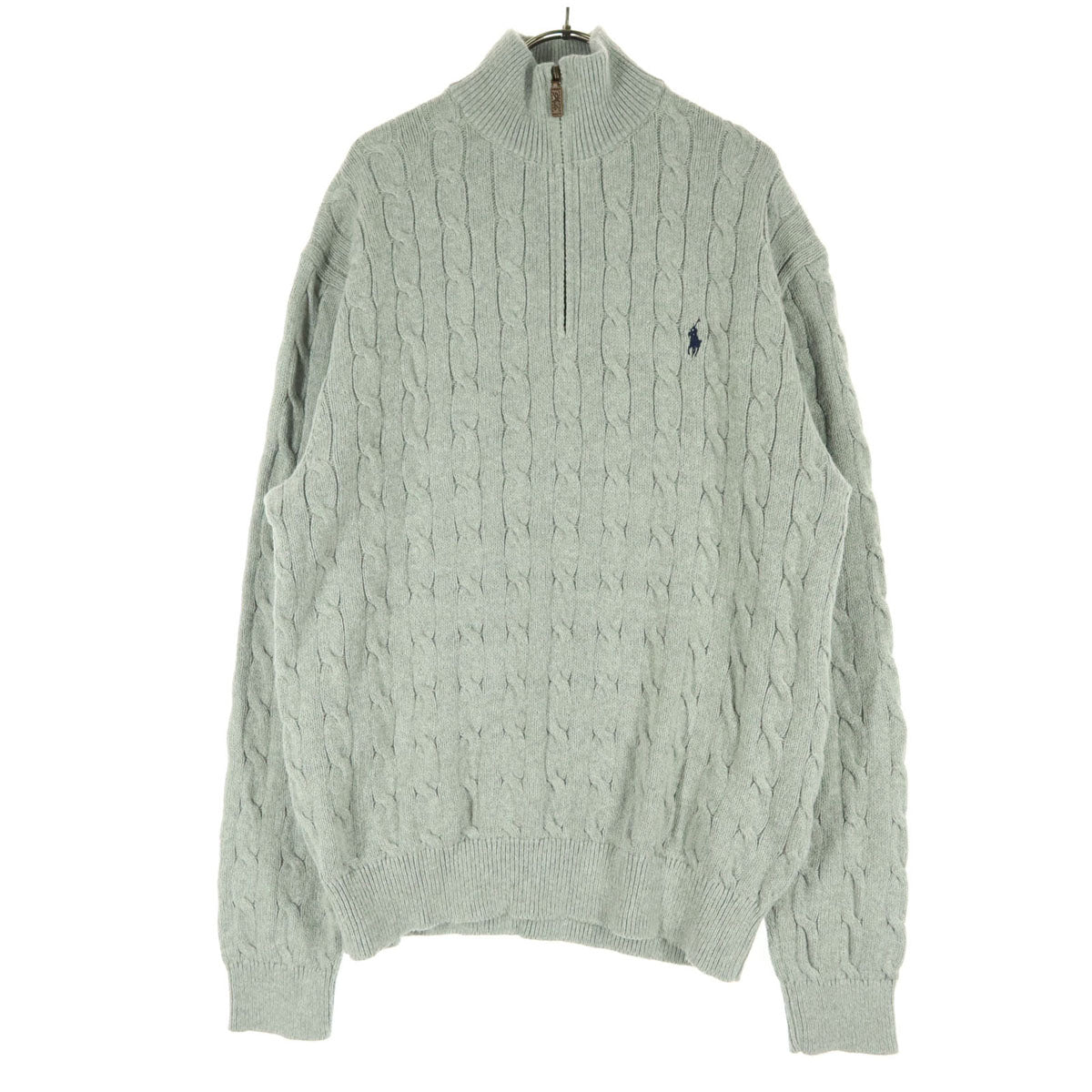 美品 POLO RALPH LAUREN ポロラルフローレン ワンポイント刺繍 長袖 ハーフジップ ケーブル編み コットン ニット XL グレー メンズ