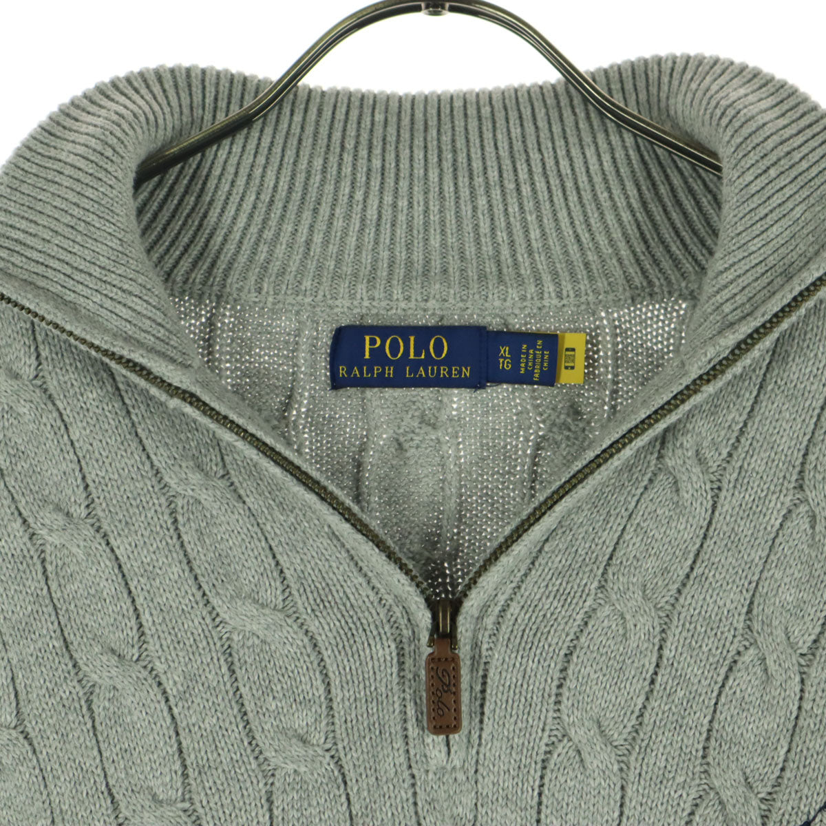 美品 POLO RALPH LAUREN ポロラルフローレン ワンポイント刺繍 長袖 ハーフジップ ケーブル編み コットン ニット XL グレー メンズ