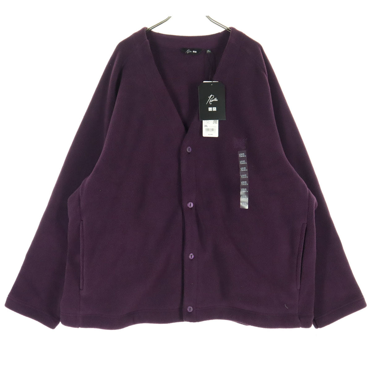 未使用 UNIQLO ユニクロ NEEDLES ニードルズ コラボ ワンポイントロゴ 長袖 フリース カーディガン 3XL パープル ビッグサイズ メンズ