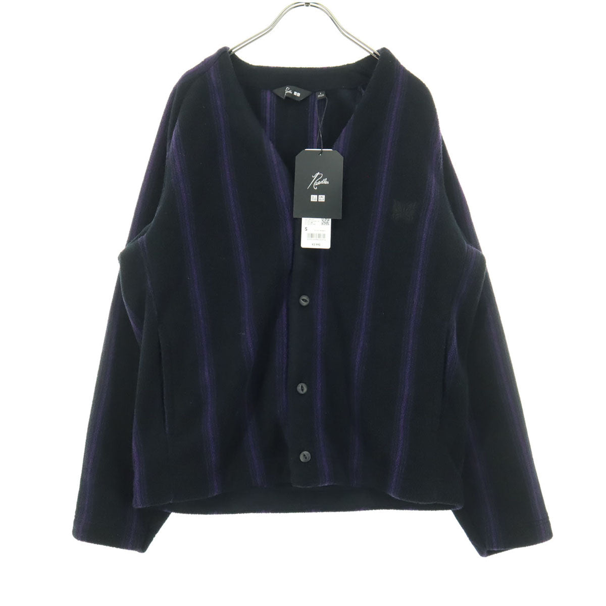 未使用 UNIQLO ユニクロ NEEDLES ニードルズ コラボ ワンポイントロゴ ストライプ柄 長袖 フリース カーディガン S ブラック メンズ