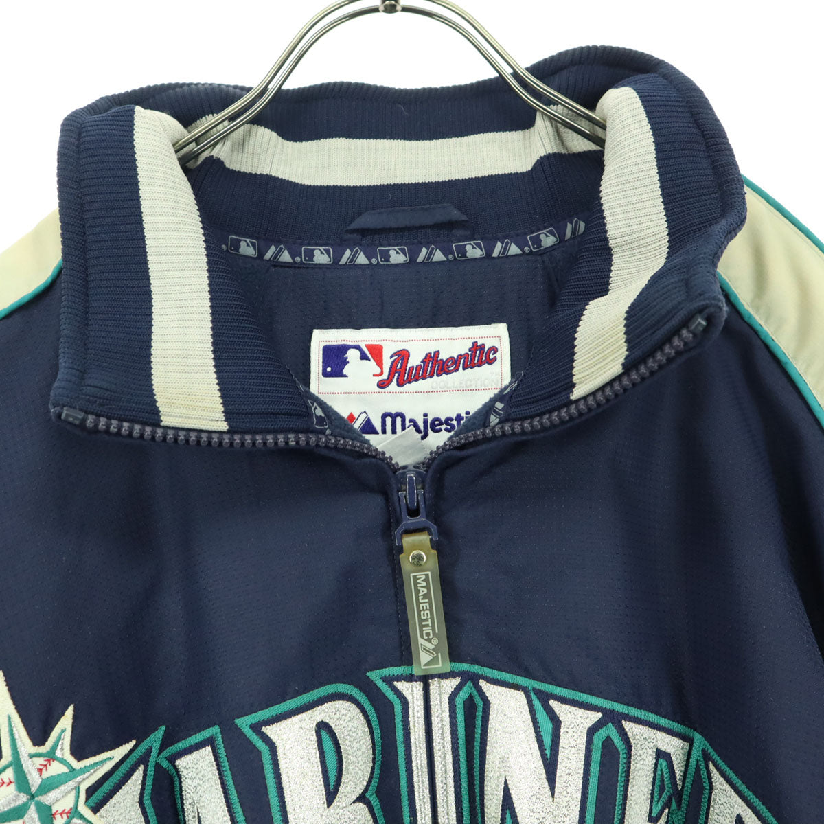 Majestic マジェスティック シアトルマリナーズ 英字 長袖 ナイロン スタジャン L ネイビー メンズ