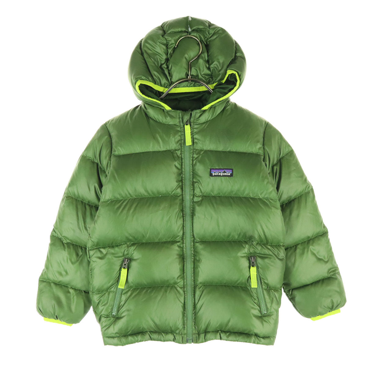 美品 patagonia パタゴニア フード付 ダウンジャケット 5T カーキグリーン STY60493 Hi-Loft Down キッズ