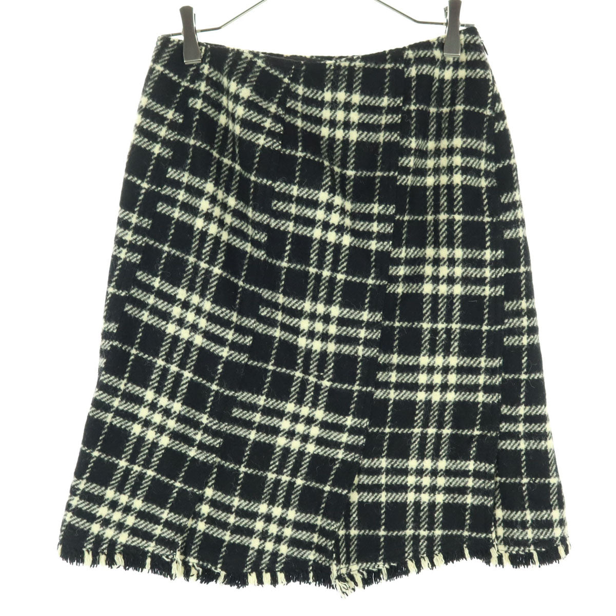 美品 BURBERRY LONDON バーバリーロンドン チェック柄 ミディスカート 38 ブラック系 裾 フリンジ レディース