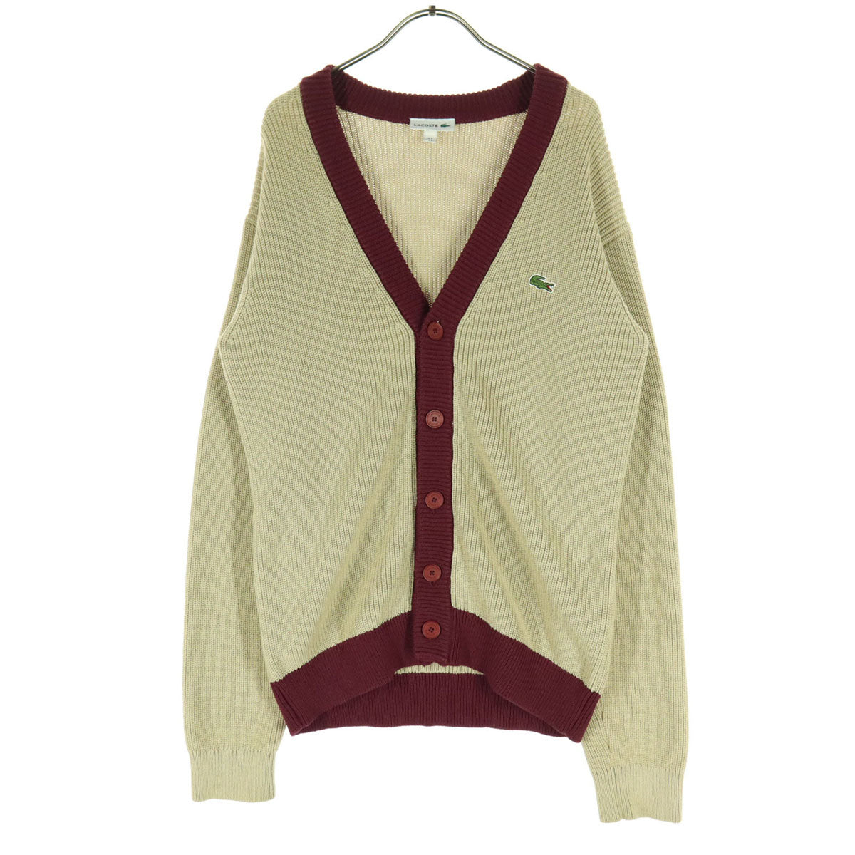 LACOSTE ラコステ バイカラー ワッペン 長袖 コットン ニットカーディガン S ベージュ系 メンズ