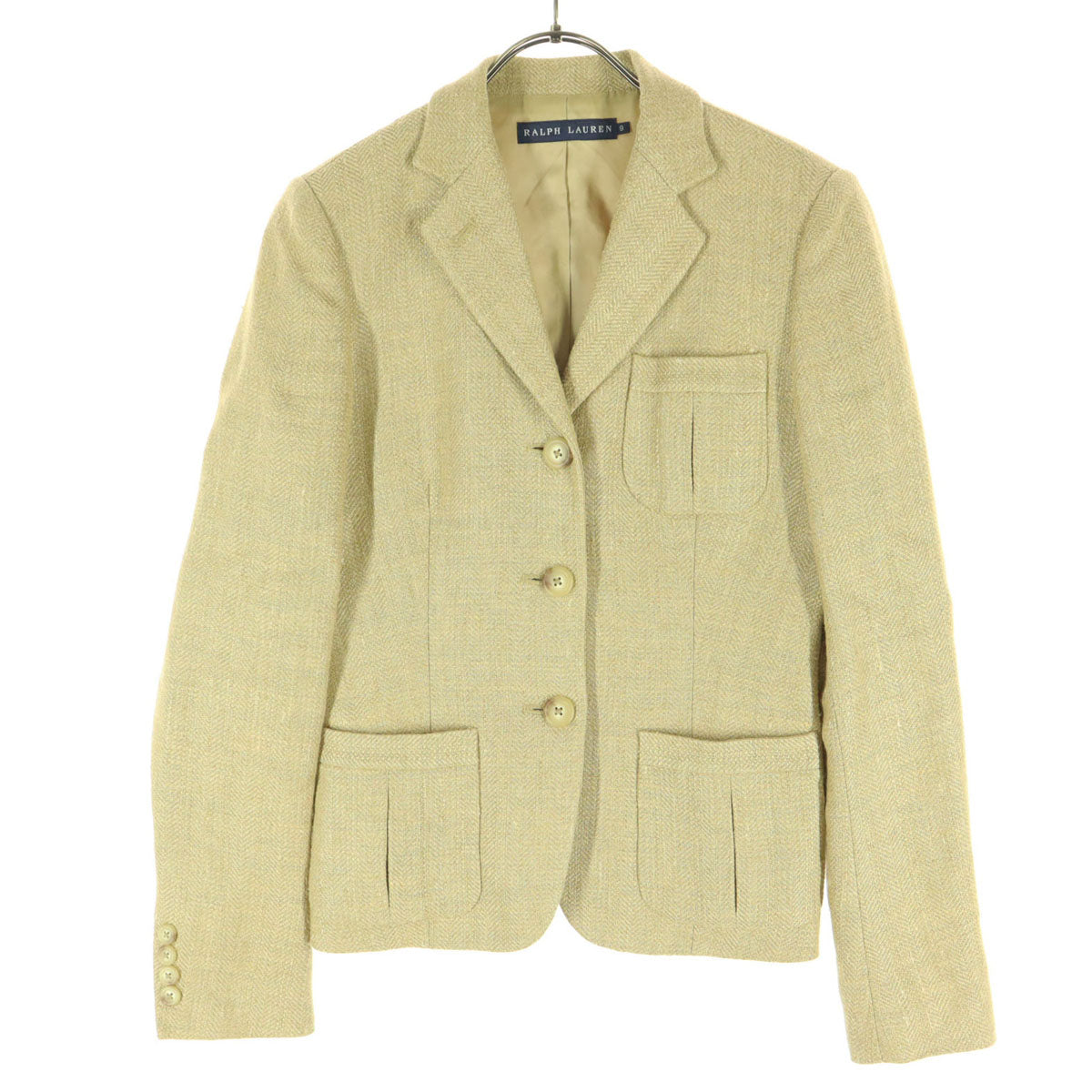 美品 RALPH LAUREN ラルフローレン 長袖 ヘリンボーン柄 テーラードジャケット M ベージュ レディース