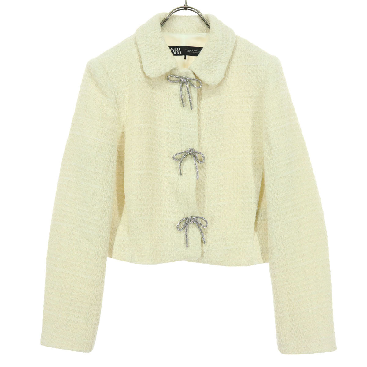 美品 ZARA ザラ 長袖 ツイードジャケット XS アイボリー リボン レディース