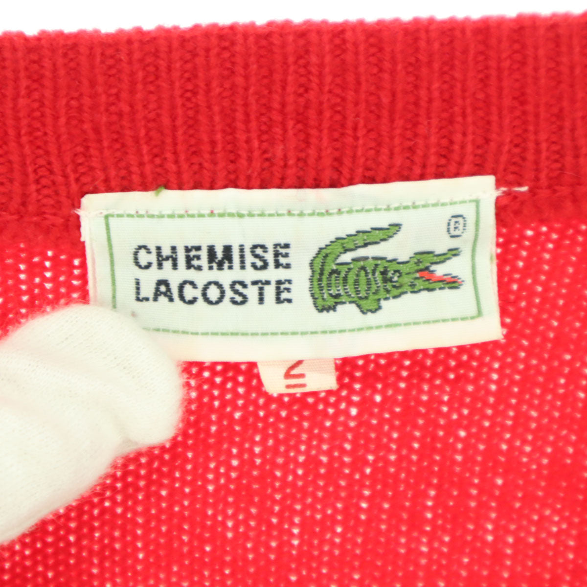 CHEMISE LACOSTE シュミーズラコステ 90s オールド ロゴワッペン 長袖 Vネック ウール セーター 2 レッド メンズ