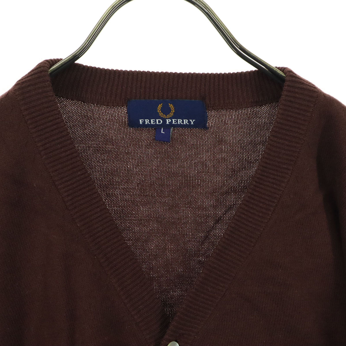 FRED PERRY フレッドペリー ワンポイントロゴ 長袖 Vネック コットン ニットカーディガン L ブラウン メンズ