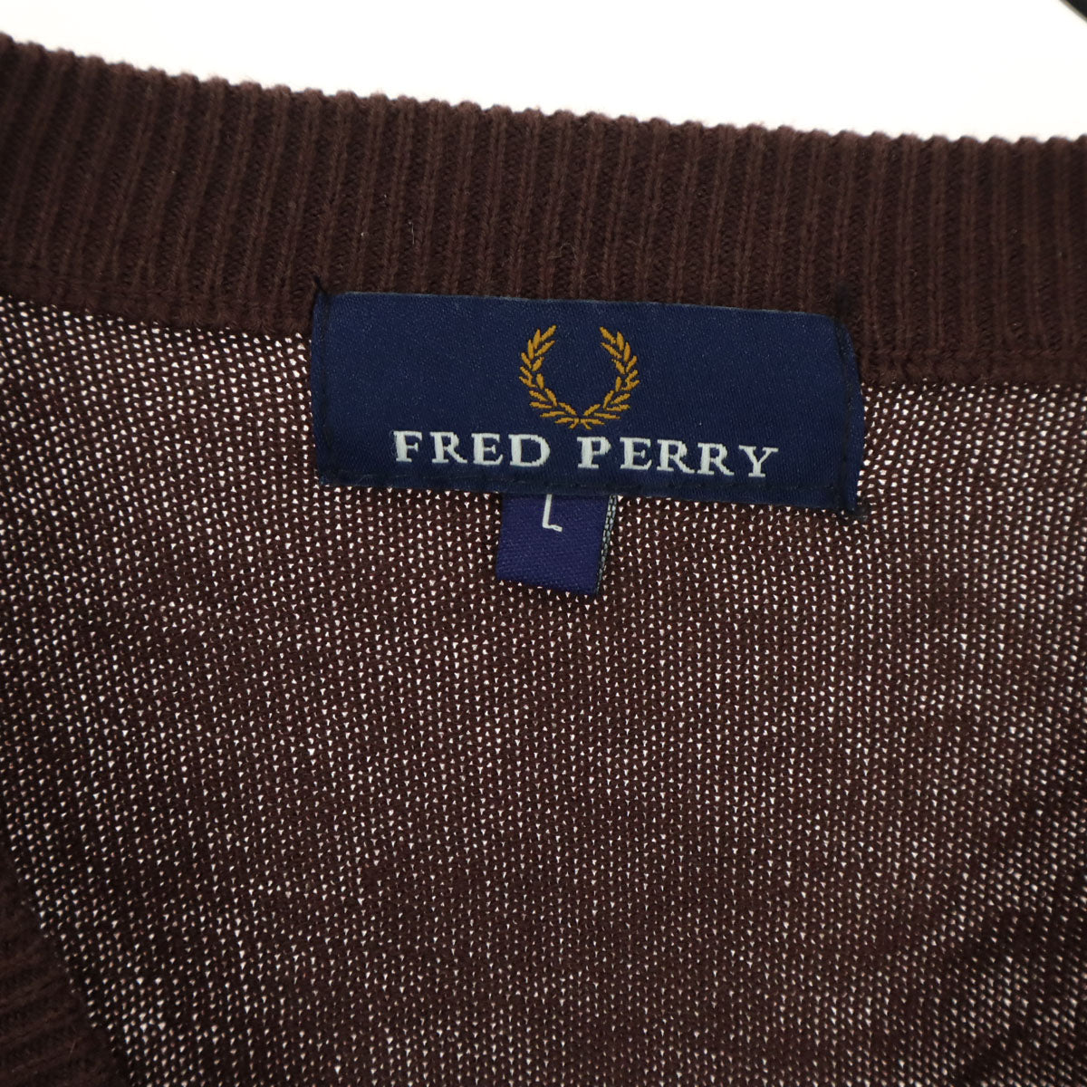 FRED PERRY フレッドペリー ワンポイントロゴ 長袖 Vネック コットン ニットカーディガン L ブラウン メンズ