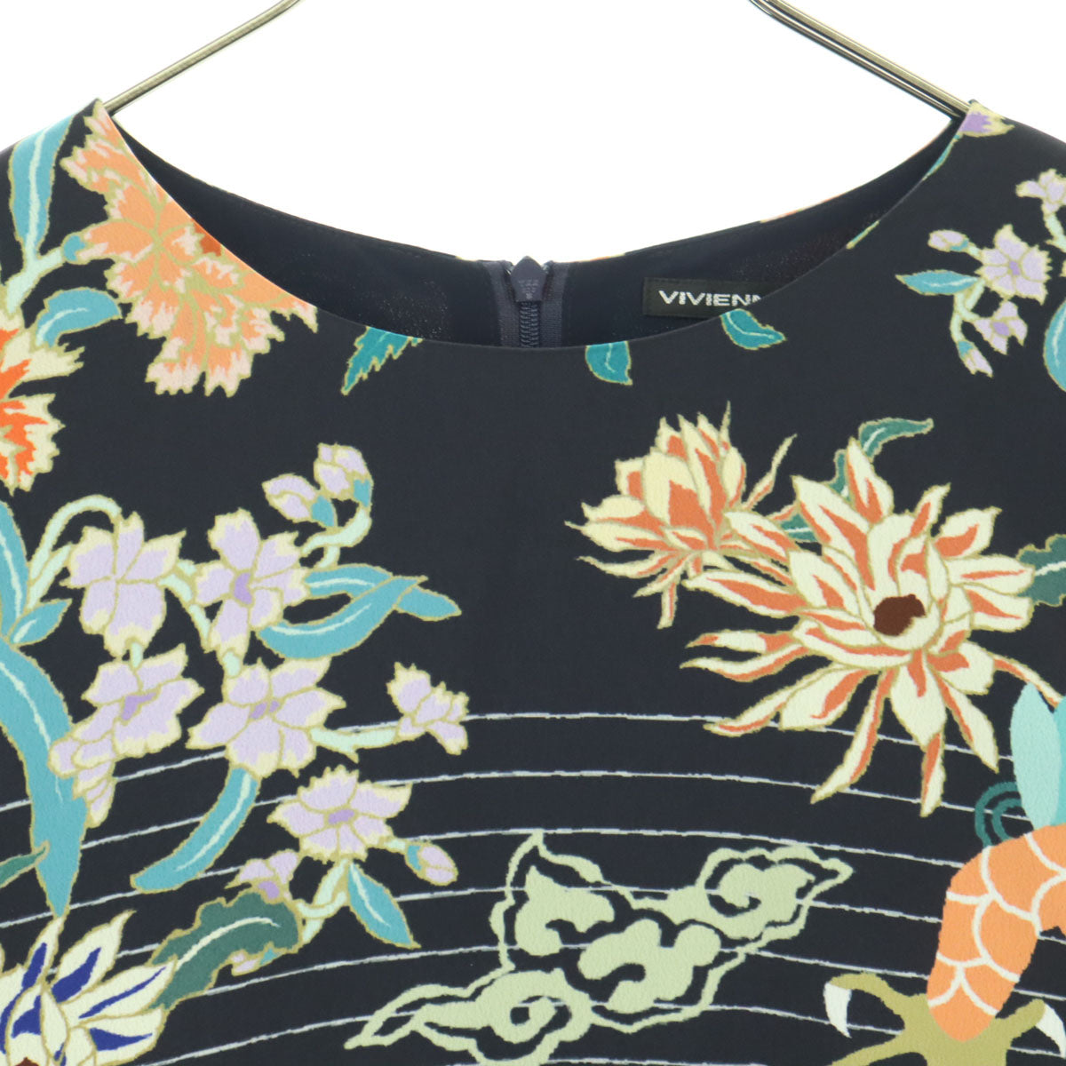 美品 VIVIENNE TAM ヴィヴィアンタム 日本製 総柄 長袖 ミモレ丈 ワンピース 42 ネイビー レディース