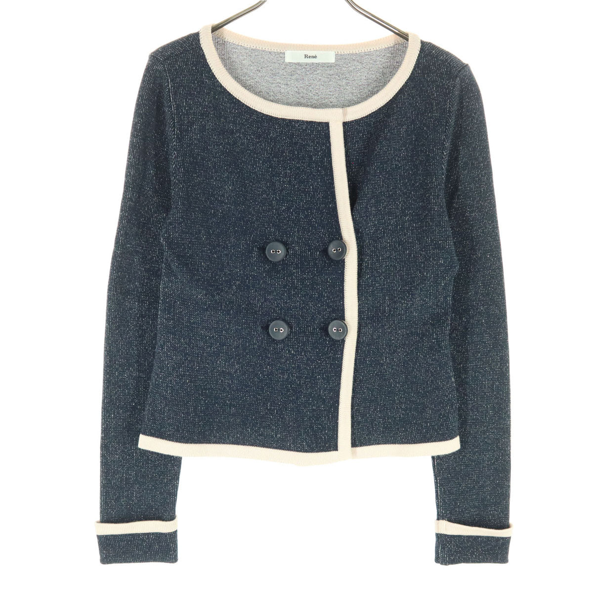 美品 Rene ルネ 日本製 長袖 ダブルブレスト トリム ニットカーディガン 36 ネイビー レディース