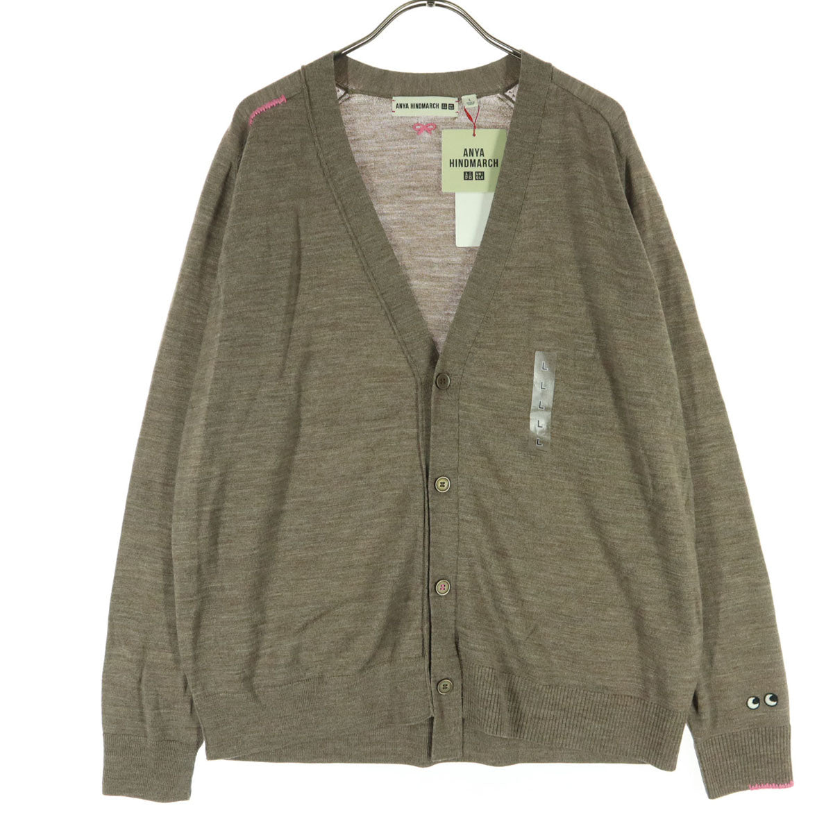 未使用 UNIQLO ユニクロ ANYA HINDMARCH アニヤハインドマーチ コラボ ワンポイントロゴ 長袖 Vネック ニットカーディガン L ブラウン系 レディース
