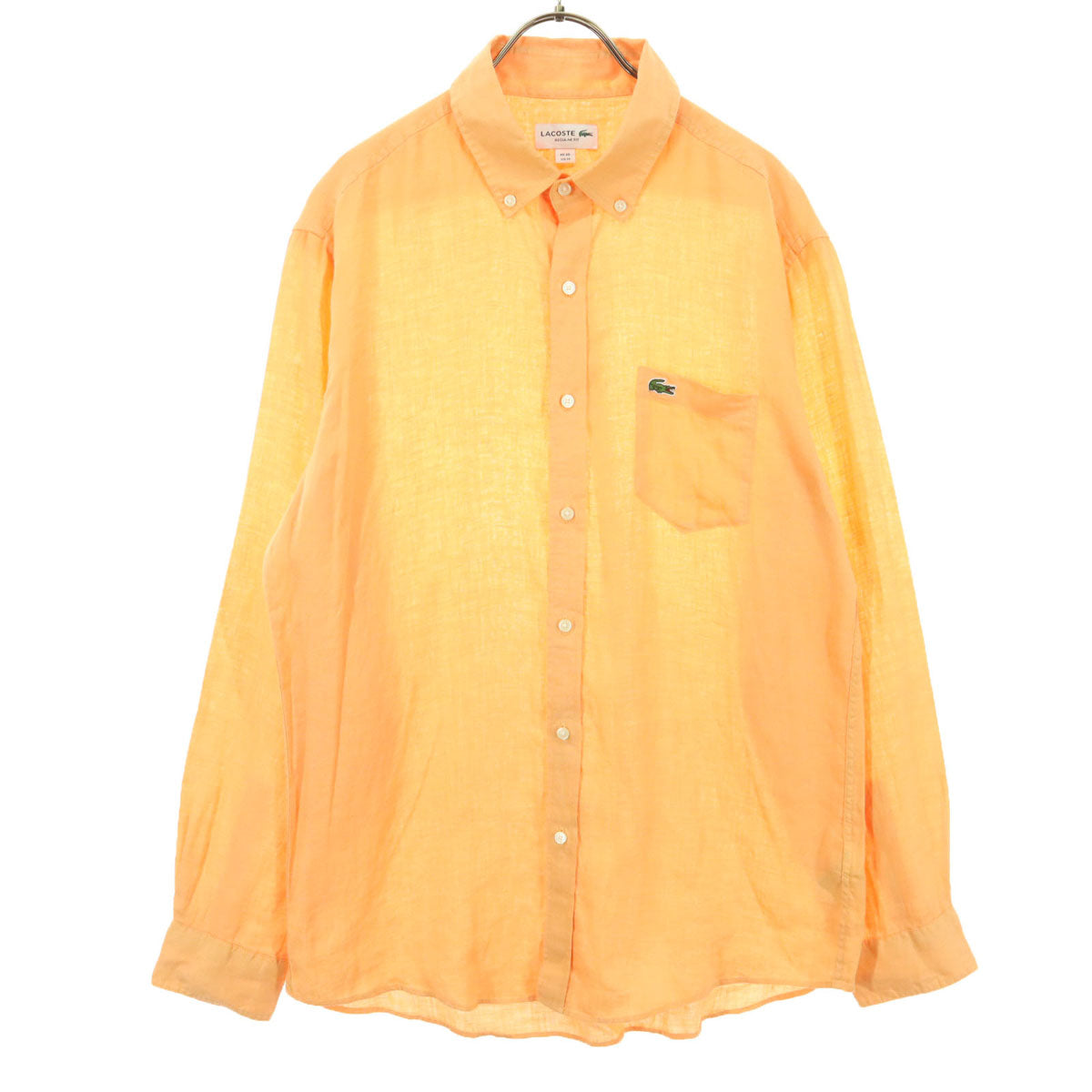 美品 LACOSTE ラコステ ワンポイントロゴ 長袖 ボタンダウン リネンシャツ M オレンジ メンズ