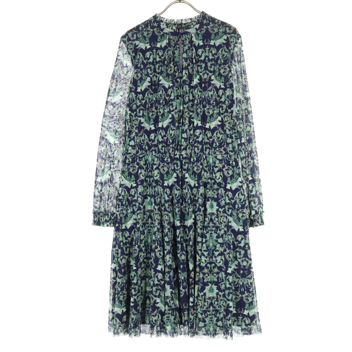 美品 VIVIENNE TAM ヴィヴィアンタム 植物柄 長袖 シアー袖 チャイナボタン フリルカラー 膝丈ワンピース 42 グリーン系 レディース