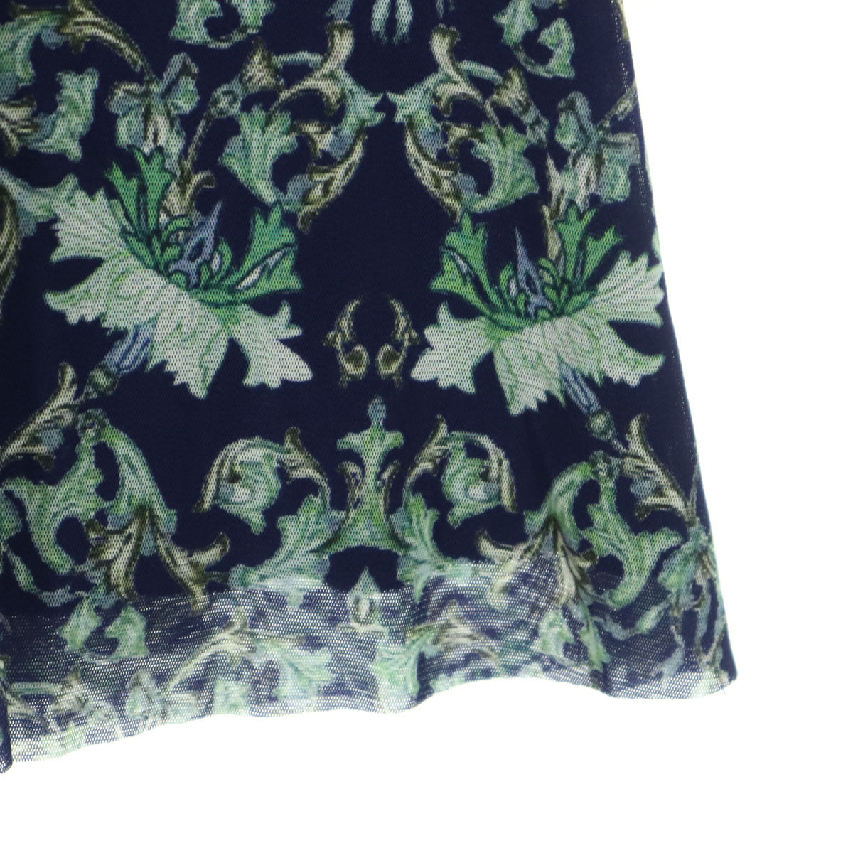 美品 VIVIENNE TAM ヴィヴィアンタム 植物柄 長袖 シアー袖 チャイナボタン フリルカラー 膝丈ワンピース 42 グリーン系 レディース